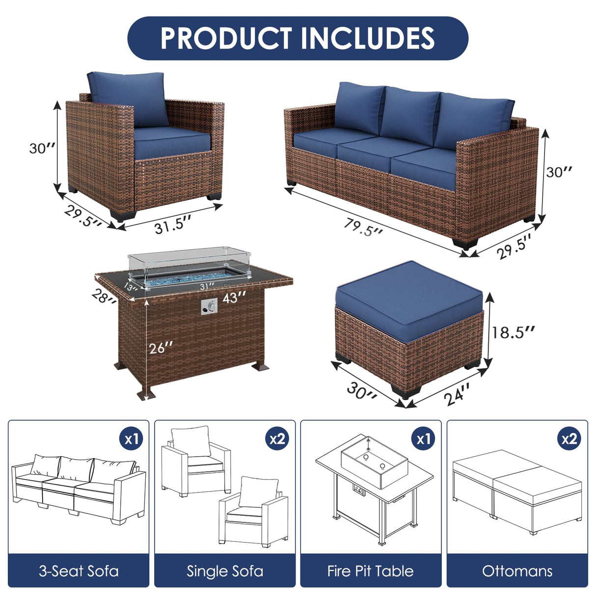 Amopatio Outdoor Patio Furniture Sets, 8 Pieces Wicker Patio Furniture, Outdoor Sectional Patio Couch Set with Ottoman, Outdoor Conversation Set with 44" Gas Fire Pit (Navy Blue) Amopatio