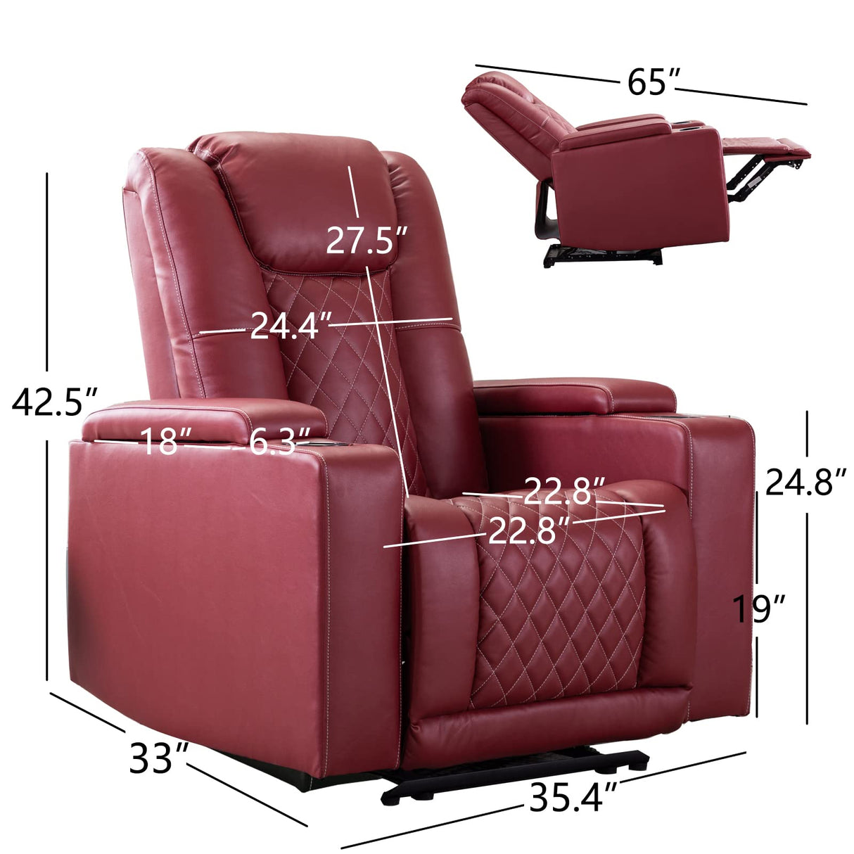 ANJ Electric Power Recliner Chair Soft Leather Reclining with USB Ports and Cup Holders, Red Home Theater Seating with Hidden Arm Storage Movie & Media Room Chairs ANJ