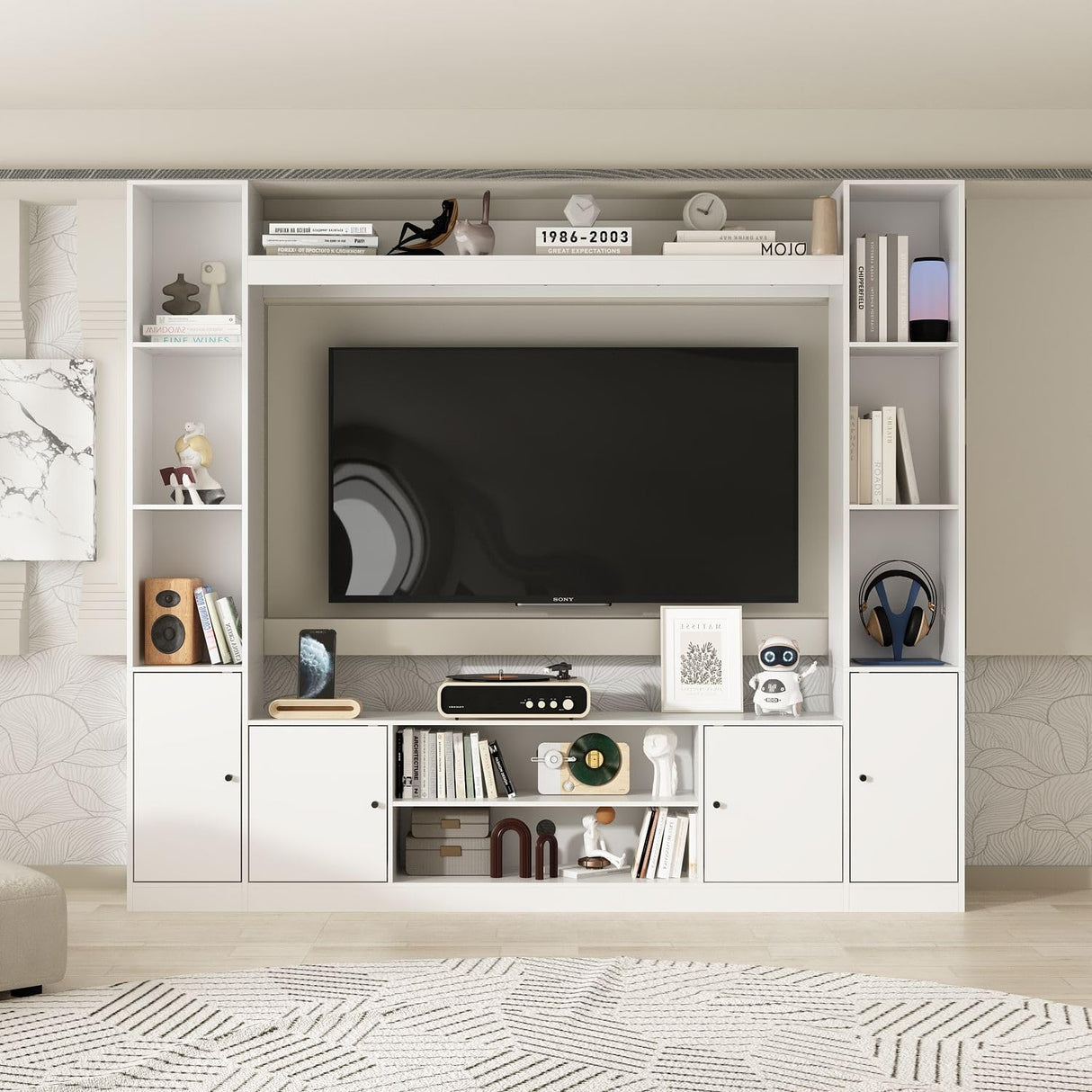 TAMUNE Entertainment Center with Bookshelves Modern Media Center with Open Shelves & Bridge TV Wall Unit with Doors, for Living Room White (81.1”W x 11.8”D x 70.9”H) TAMUNE