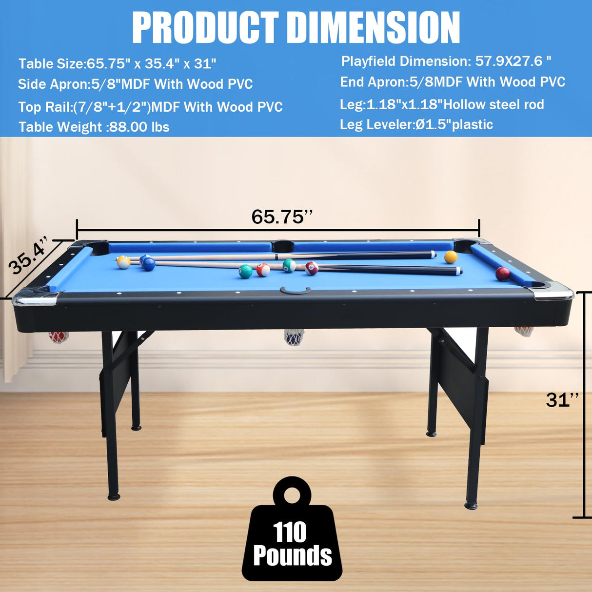 BOSTANA 5.5 ft Pool Table, Billiards Table with Balls, Cues, Chalks and Brush, Portable Foldable Pool Table Perfect for Family Game Room, Blue Black BOSTANA