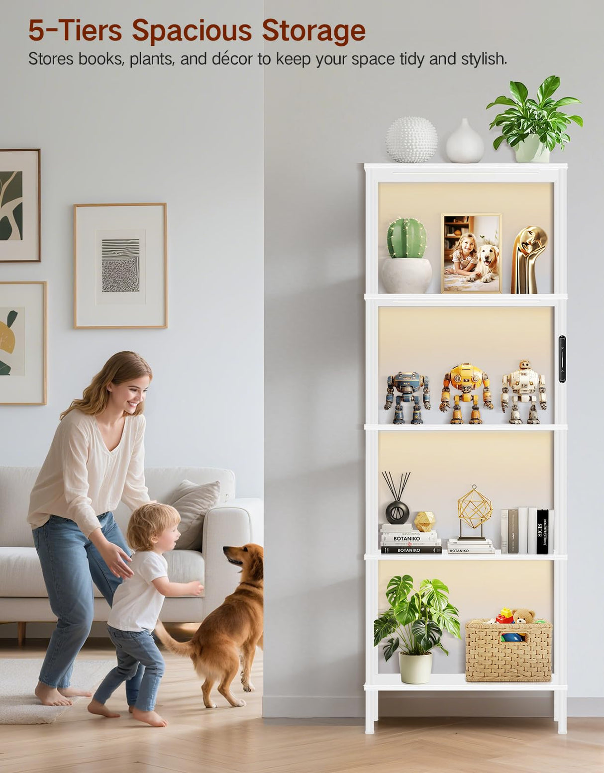 OUTONLIFE 5 Tier Bookshelf with LED Light, Dimmable Bookcase with Touch & Remote Control, 3 Color Temperatures, Tall Modern Display Standing Shelf for Living Room, Bedroom, Home Office (White) OUTONLIFE