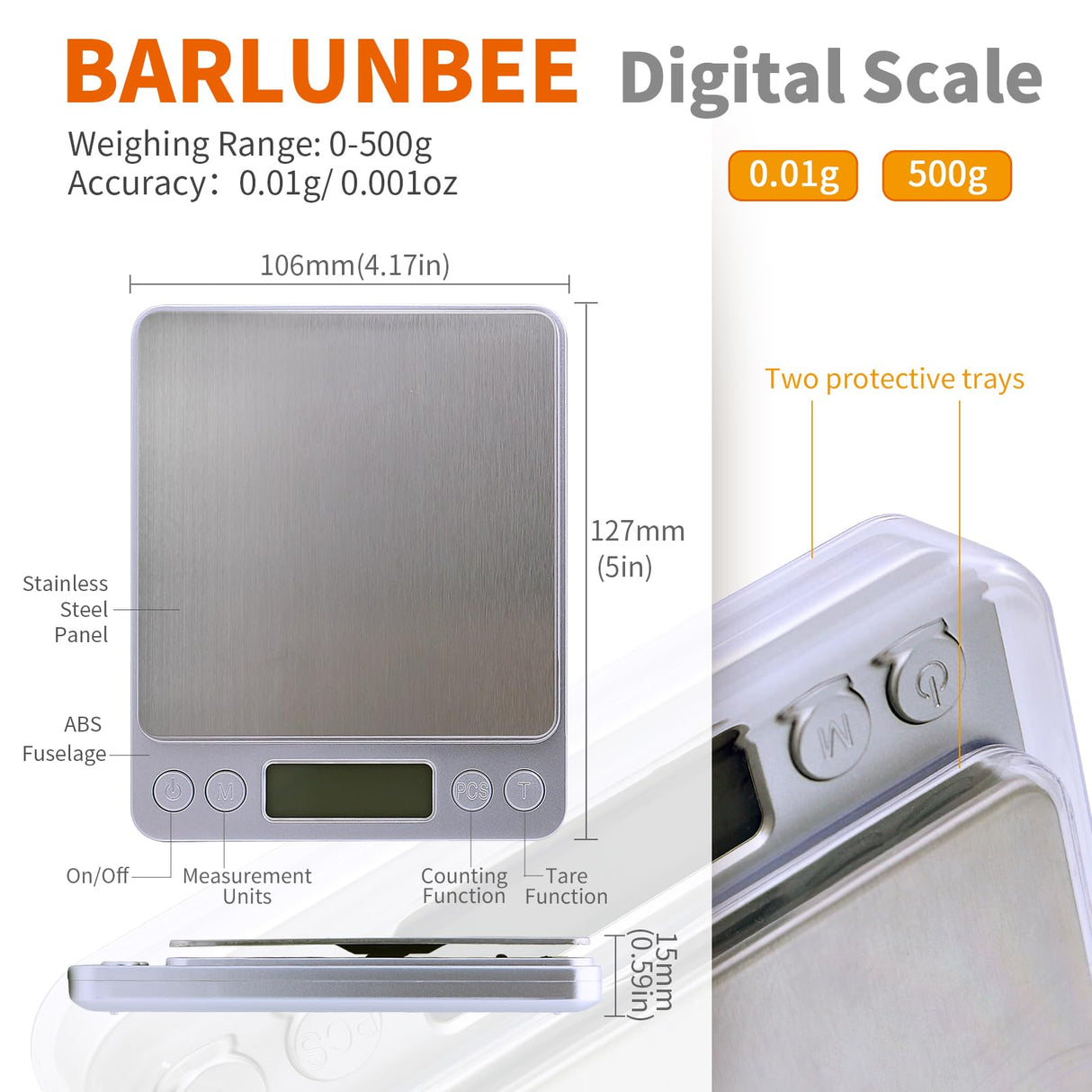 Barlunbee Gram Scale,Capacity 500g Accuracy 0.01g Mini Food Scales Digital Weight Grams and Oz,Small Kitchen High Precision for Espresso,Baking,Jewelry,Soap Making,Silver Barlunbee