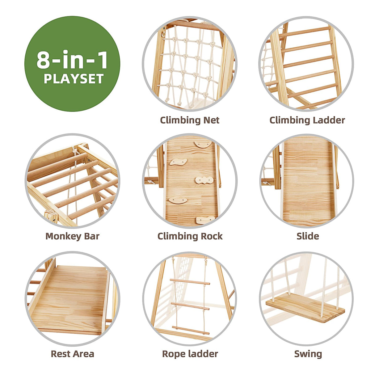 OOOK 8 in 1 Indoor Play Kids Gym,Indoor Kids Playground,Climbing Toys for Toddlers 3-8, Climber Playset with Slide, Climbing Rock/Net, Climbing Ladder, Monkey Bars, Rope Ladder,Swing OOOK