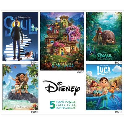 Ceaco - 5 in 1 Multipack – Disney Movie Posters – Encanto, Moana, Luca, Soul & Raya and The Last Dragon - (2) 300 Piece, (2) 500 Piece, (1) 750 Piece Jigsaw Puzzles