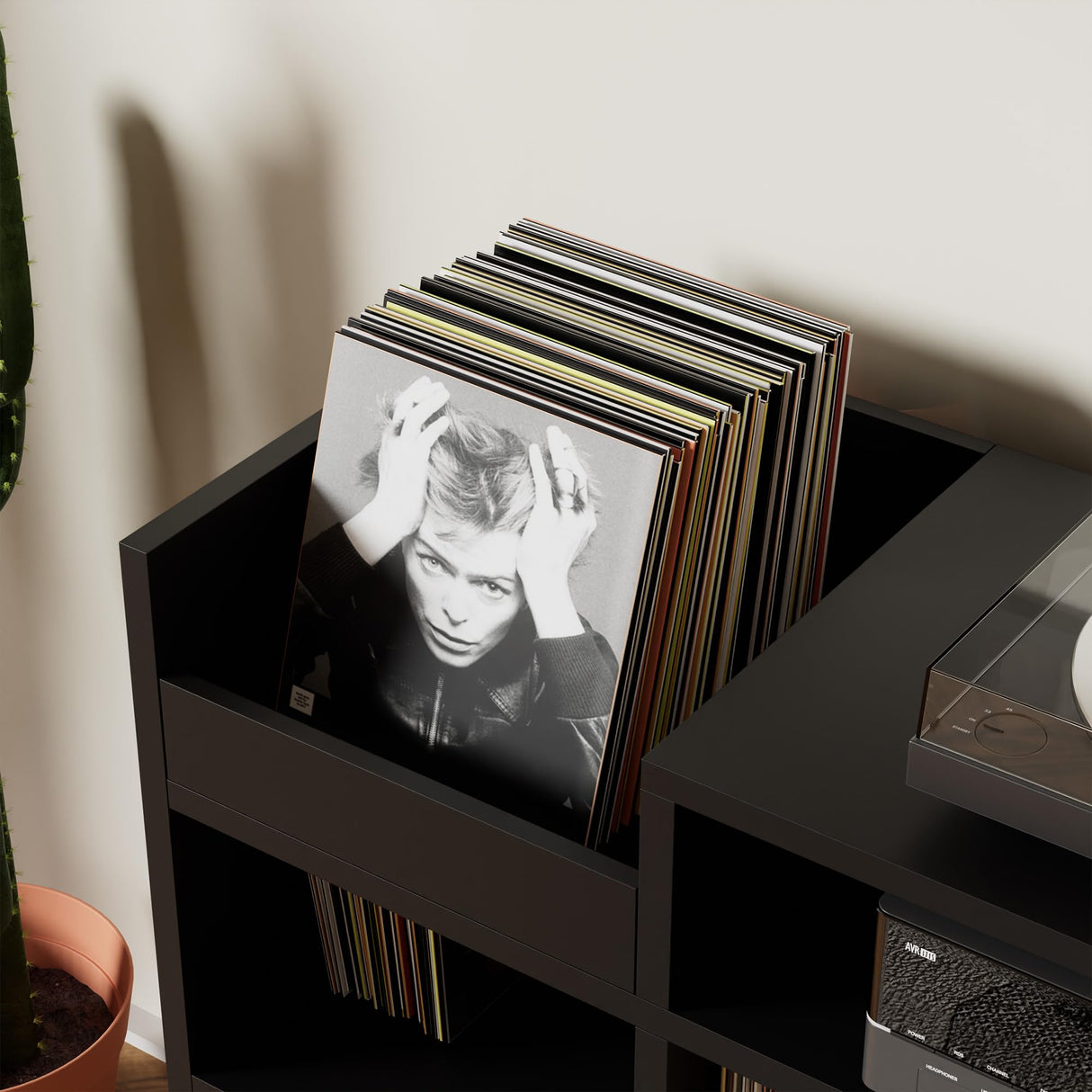 Cozy Castle Record Player Stand, Turntable Shelf with Vinyl Storage up to 500 Albums, Vinyl Record Player Shelf with Power Outlet Sideboard Buffet Cabinet with Storage Accent Cabinet, Black Cozy Castle