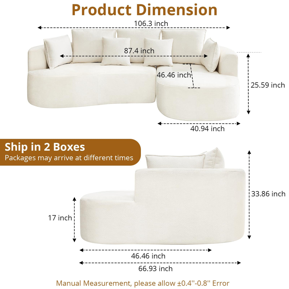 106" Curved Sectional Sofa with Throw Pillows, 4 Seater Luxury Chenille Cloud Modular Couch with Deep Seat,Boneless Compression Sofa for Modern Living Room, Office and Apartment, Cream WARMTOBABY