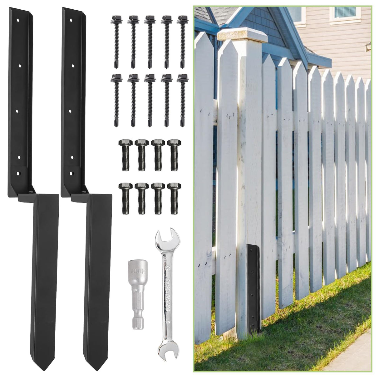 Nrspp Heavy Duty Steel Fence Post Repair Stakes, 2 Pcs Fence Post Anchor Single Ground Spike for Repair Tilted/Broken Wood Fence Post Black Nrspp