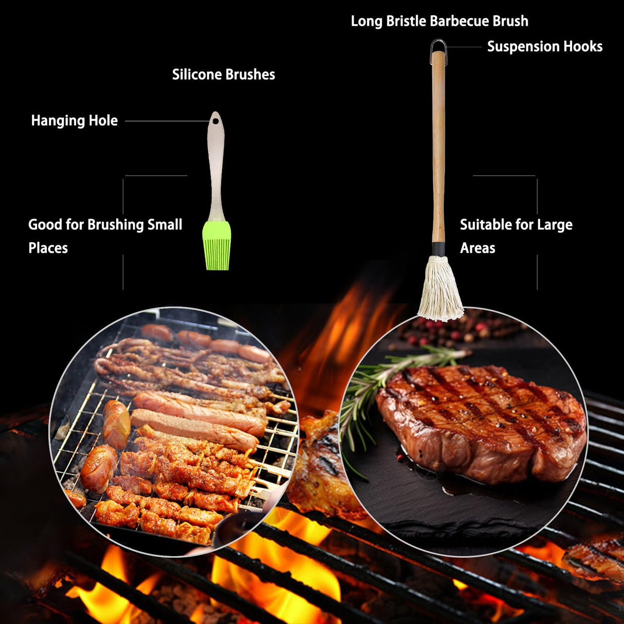BBQ Mop Brush and Cast Iron Sauce Pot Set, 11-in-1 Value Pack includes 2Pcs Wooden Long Handle, 6 Brush Heads, 1 Cast iron BBQ Pan and 2 Silicone Brushes for Grilling all Types of Ingredients ZQDFLME