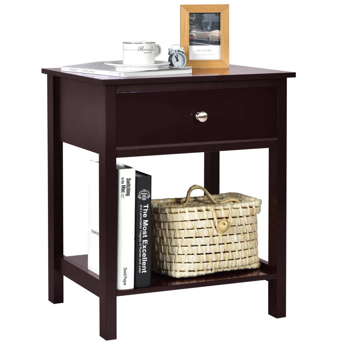 Giantex Nightstand, Wood End Table with Drawer and Open Shelf, Night Stand for Small Spaces, 2-Tier Bedside Table for Living Room Bedroom Dorm, Easy Assembly, Brown Giantex