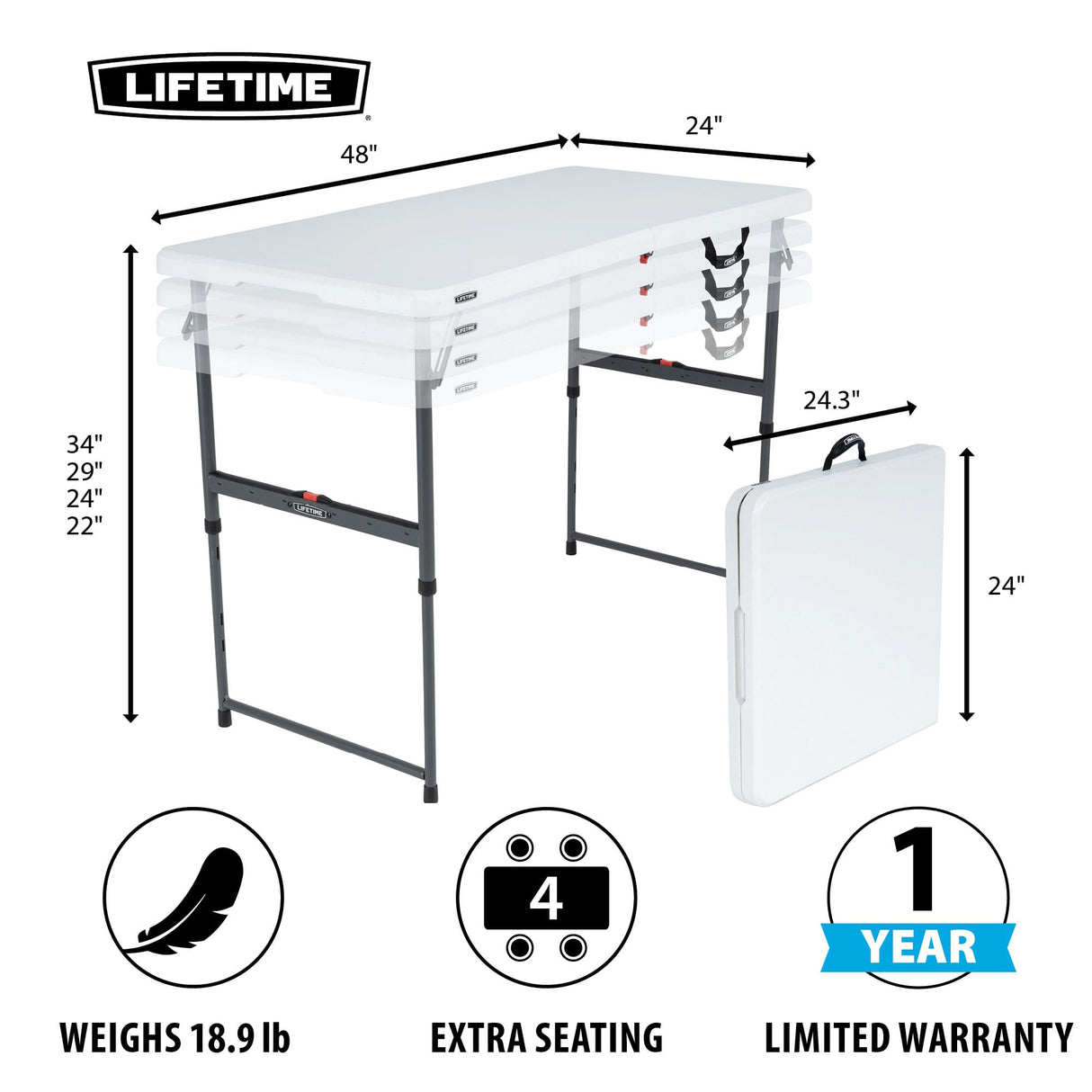 Lifetime Height Adjustable Folding Table, 4 Foot Lifetime