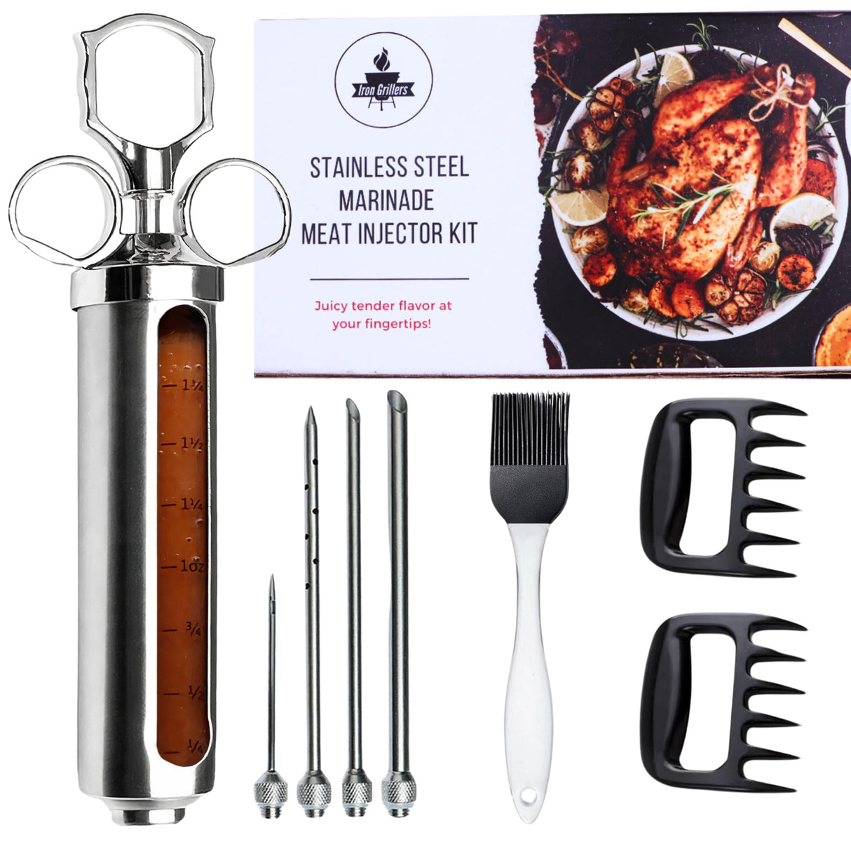 Professional Meat Injector Marinade Syringe Kit for Smoking & Grilling Turkey, Brisket, & BBQ - Large 2 Oz Visible Stainless Steel Capacity - Never Leaks or Clogs + Flavor Brush & 2 Shredding Claws Iron Grillers