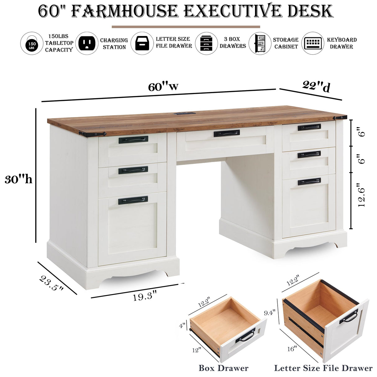 RedLemon 60" Farmhouse Executive Desk, Home Office Desk with Drawers, Charging Station, Keyboard Tray, File Drawer, Storage Cabinet, Wood Rustic Computer Writing Desk (Antique White) RedLemon