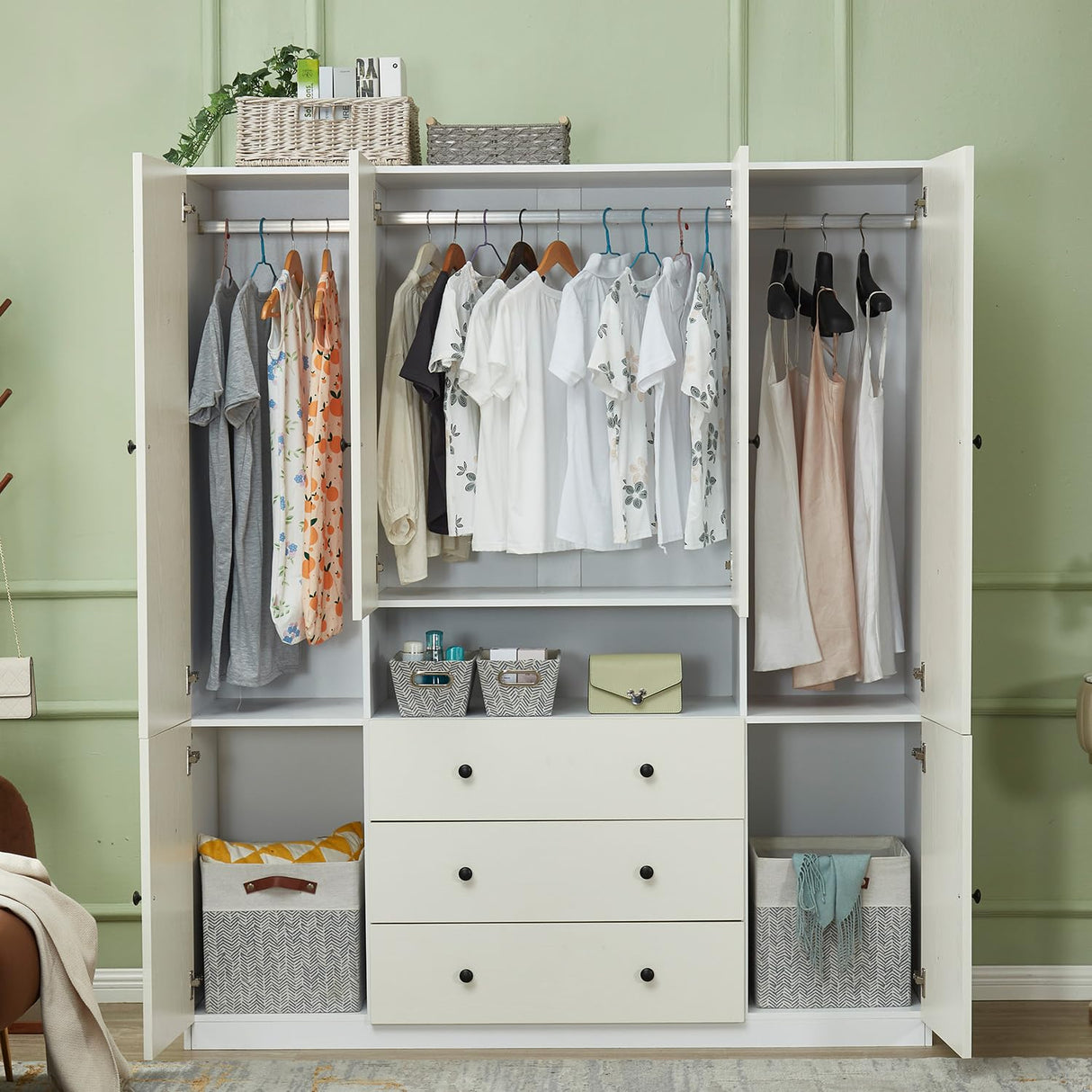 Sophshelter 4 Door White Armoire Wardrobe Closet Cabinet, Wooden 3 Drawers Tall Cabinet Closet for Large Capacity, Storage Cabinet Large Storage Cabinet with 5 Hanging Rod 63" L x 20.3" W x 72" H Sophshelter