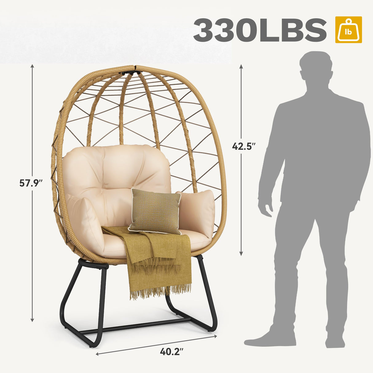 DWVO Egg Basket Chair Patio Chair with Stand Anti-Slip All-Weather Poratble Wicker Egg Lounger Chair for Indoor Outdoor 330LBS (Beige) DWVO