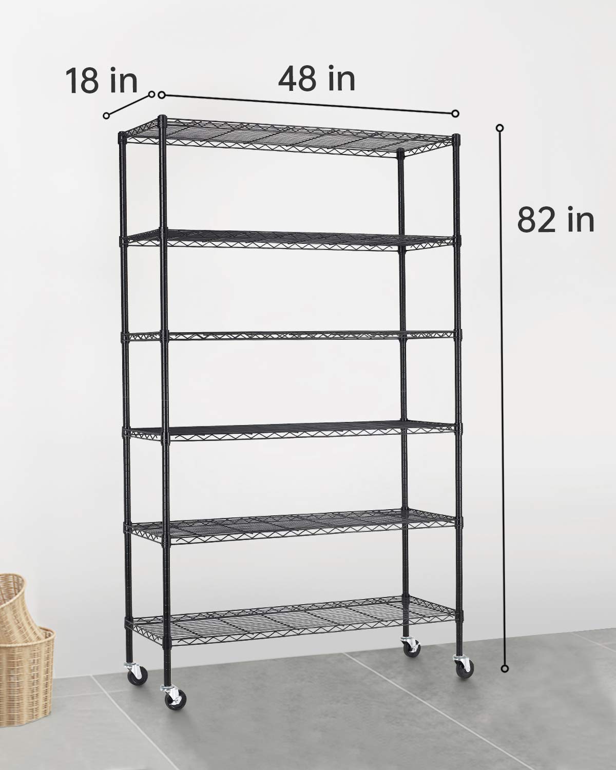 FDW Wire Shelving Unit with Wheels Steel 6 Tier Heavy Duty Layer Rack Storage Metal Shelf Garage Organizer Wire Rack Shelving Adjustable Utility 2100 LBS Capacity-18x48x82 inch (Black) FDW