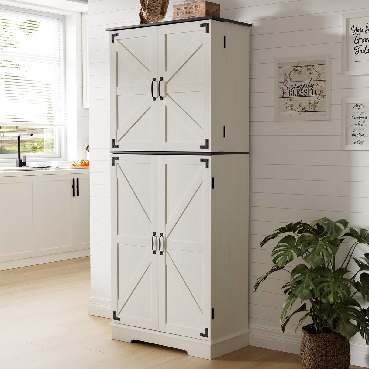 Sunny Heart 72" H Kitchen Pantry Storage Cabinet, Farmhouse Pantry Cabinet with 4 Doors, Adjustable Shelves, Drawer,Wood Cupboard for Kitchen, Dining Room, Bathroom, Off White Sunny Heart