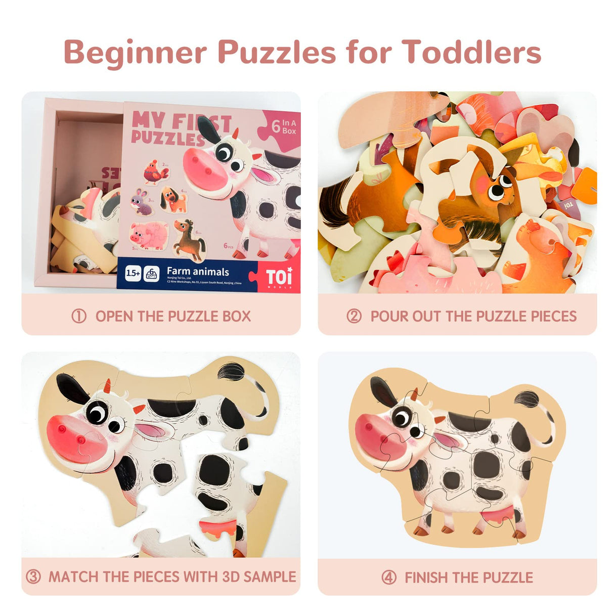 Toi 6 Packs Large Piece Toddler Jigsaw Puzzles for Kids Aged 2.5+, Animal Shaped Floor Puzzles for Beginner, Preschool Learning Game for Boys Girls, Farm Animals Toi