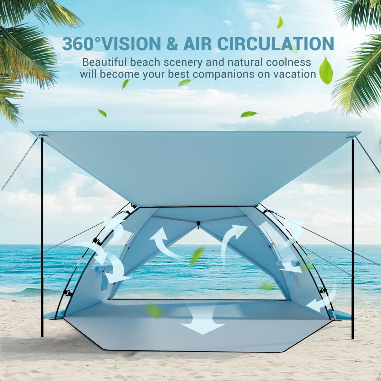 Elegear Beach Tent Sun Shelter with Canopy, 4-5 Person Pop Up Beach Tent, Easy Setup UPF 50+ UV Protection Portable Lightweight Double Silver Coating Beach Cabana Sun Shade Shelter - Sky Blue Elegear