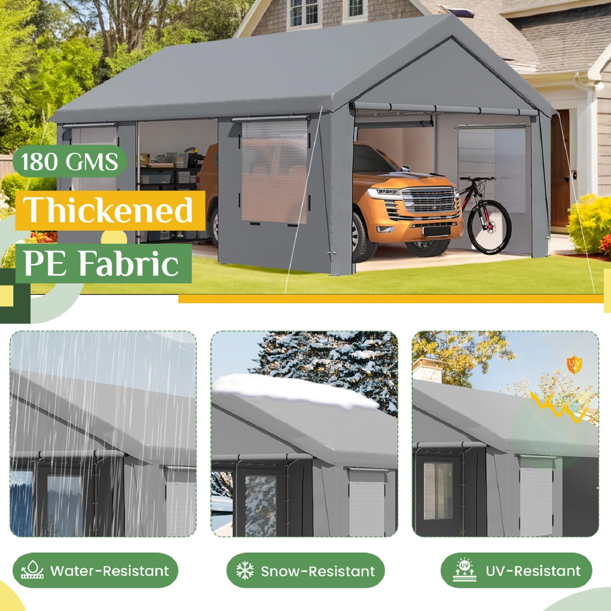 EROMMY 13' x 20' Carport,Portable Garage with UV Protection & Steel Frame, Heavy Duty Car Port with Removable Sidewalls, All-Season Car Canopy for Tractor, Truck, Boat, Outer Gray and Inner White EROMMY