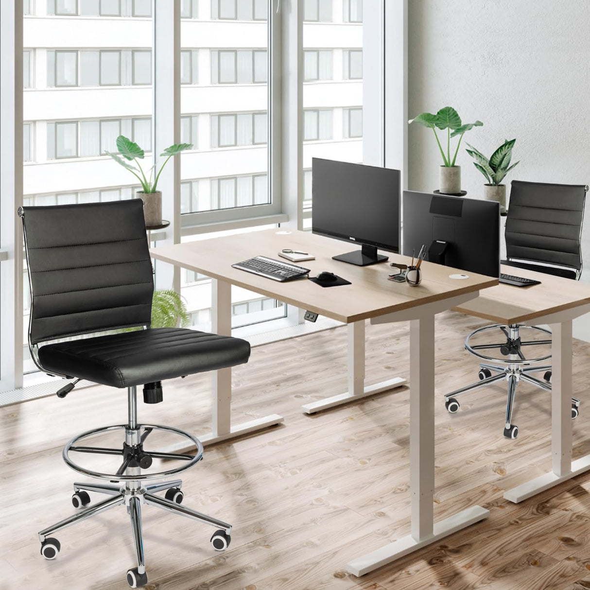 LUCKWIND Drafting Chair Tall Office Chair Ribbed - Mid-Back PU Leather Standing Desk Stool with Adjustable Foot Ring Wide Seat Tilt-Tension Rocker Lumbar Support Swivel Rolling 400lbs, Black LUCKWIND