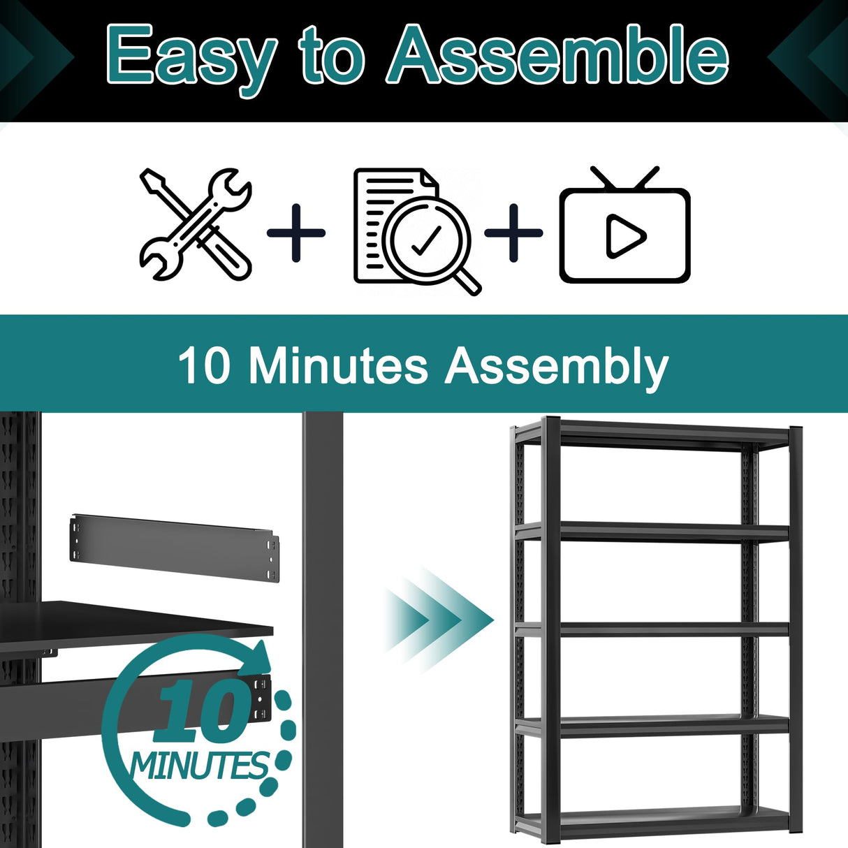 BESFUR 5-Tier Wider Garage Storage Shelves, Heavy Duty Metal Shelving Unit, Adjustable Matal Storage Shelving, 3000 lbs Capacity, for Warehouse Garage Basement, 19.7" D*47.3" W*71" H, Black BESFUR