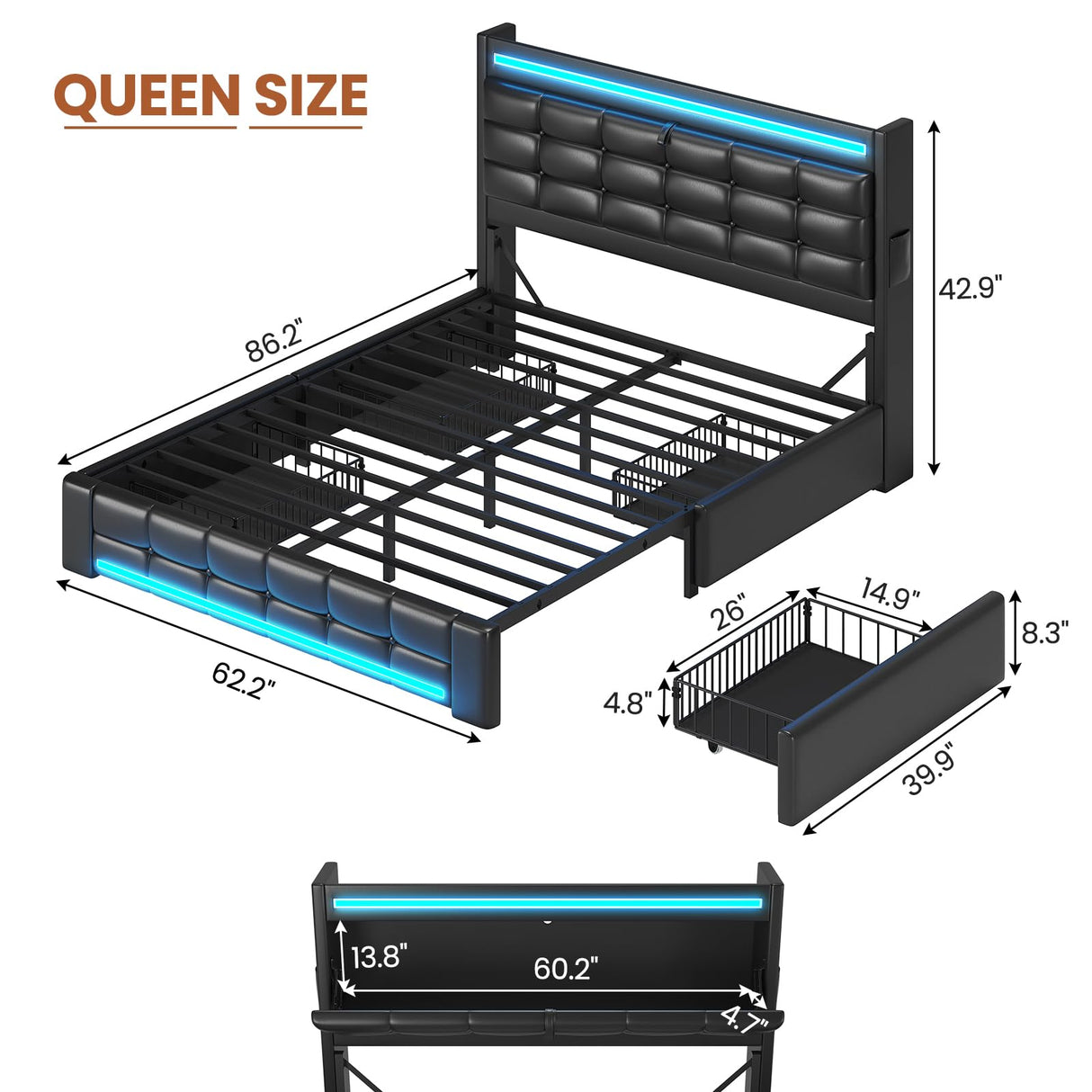 ADORNEVE Queen Bed Frame with Storage Headboard & 4 Drawers, LED Bed Frame Queen with Charging Station, Leather Upholstered Platform Bed Frame with Button Tufted, No Box Spring Needed, Black PU ADORNEVE