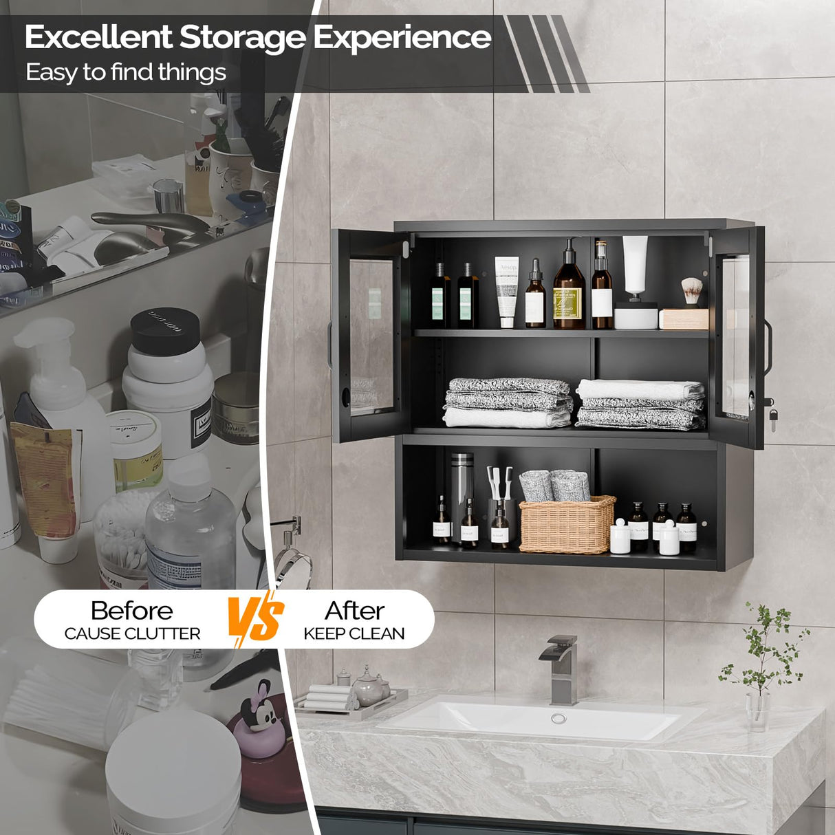 VINGLI Metal Wall Cabinet with Locking Glass Doors & Magnetic LED Sensor Light, Adjustable Shelf, Wall Mounted Storage Display Cabinets for Garage, Kitchen, Home Office, Warehouse, Living Room, Black VINGLI
