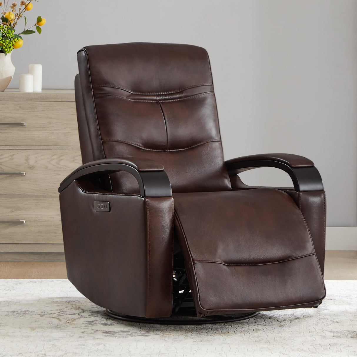 CHITA Genuine Leather Power Swivel Glider Rocker Recliner, FSC Certified Mid Century Modern Recliner Chair for Adults, Adjustable Power Headrest, for Nursery and Living Room, Cognac Brown CHITA