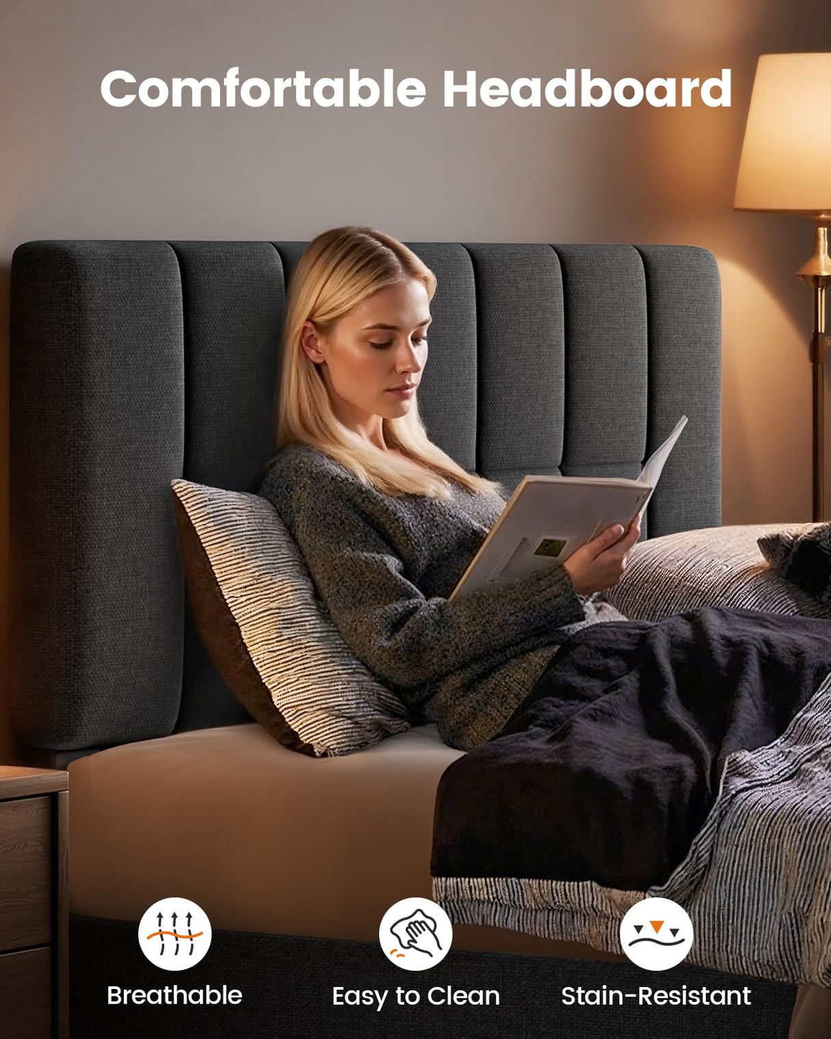 Pipishell Queen Bed Frame with 12 Thickened Legs&Fabric Upholstered Headboard,1300 lbs Strong Weight Capacity, Adjustable Headboard, No Box Spring Needed, Easy Assembly, Underbed Storage๏ผSolid Wooden๏ผ Pipishell