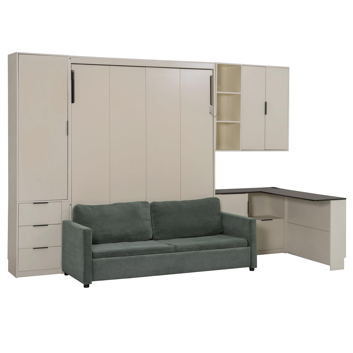 Merax Farmhouse Multi-Functional Murphy Bed with Sofa, Desk & Storage Cabinet,Solid Wood Foldable Wall Bed w/USB Charging Station Space Saving/No Box Spring Needed/Full, Beige + Green Merax