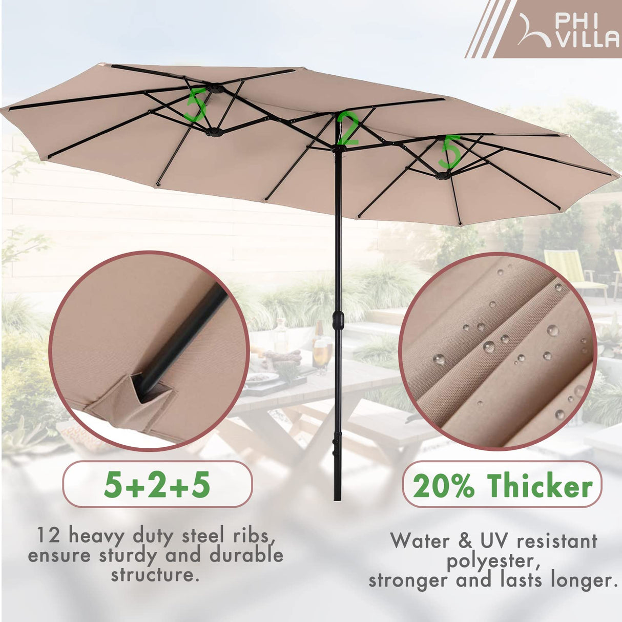 PHI VILLA Patio Dining Set 8 PCS with 13ft Double-Sided Patio Umbrella(Beige),Metal Outdoor Dining Set - 6 x Outdoor Stackable Chairs, 1 x 60"x38"Rectangle Dining Table and 1 Umbrella PHI VILLA