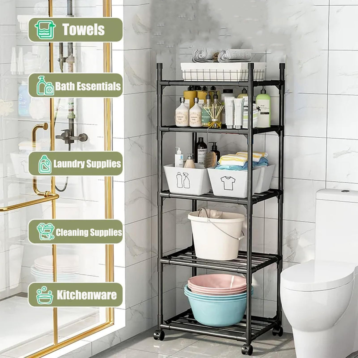 Susuzi 6-Tier Storage Shelves β 66" Tall Metal Shelving Unit with Wheels, 150lb Capacity β Compact 16.5" W x 13" D for Garage, Kitchen & Office (Black) (5-Tier) Susuzi