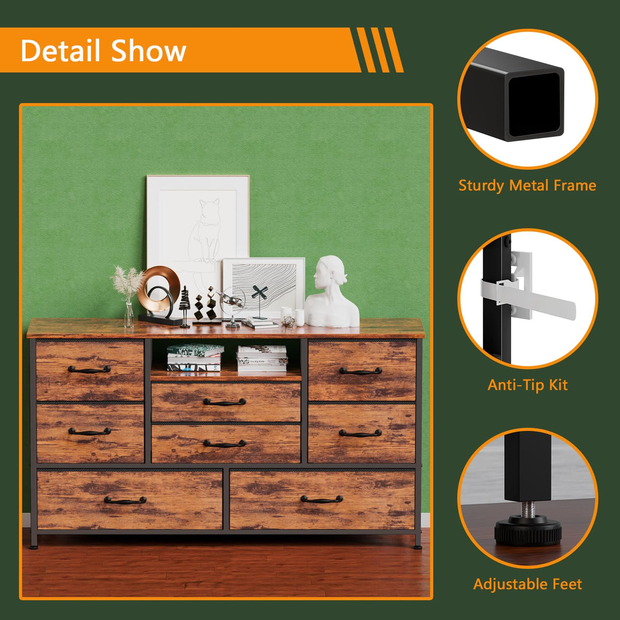 Furnulem 55'' TV Stand Dresser with 8 Drawers, Wood Desk Top - for Bedroom, Closet, Living Room Storage Furnulem