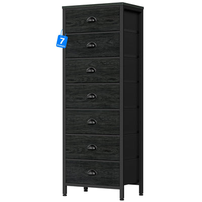 Furnulem Bedroom Dresser, Tall Dressers & Chests of Drawers with 7 Fabric Bins, Black Dresser Organizer in Closet,Dorm,Living Room,Nursery,Hallyway-Storage Tower Unit Sturdy Steel Frame, Black Oak