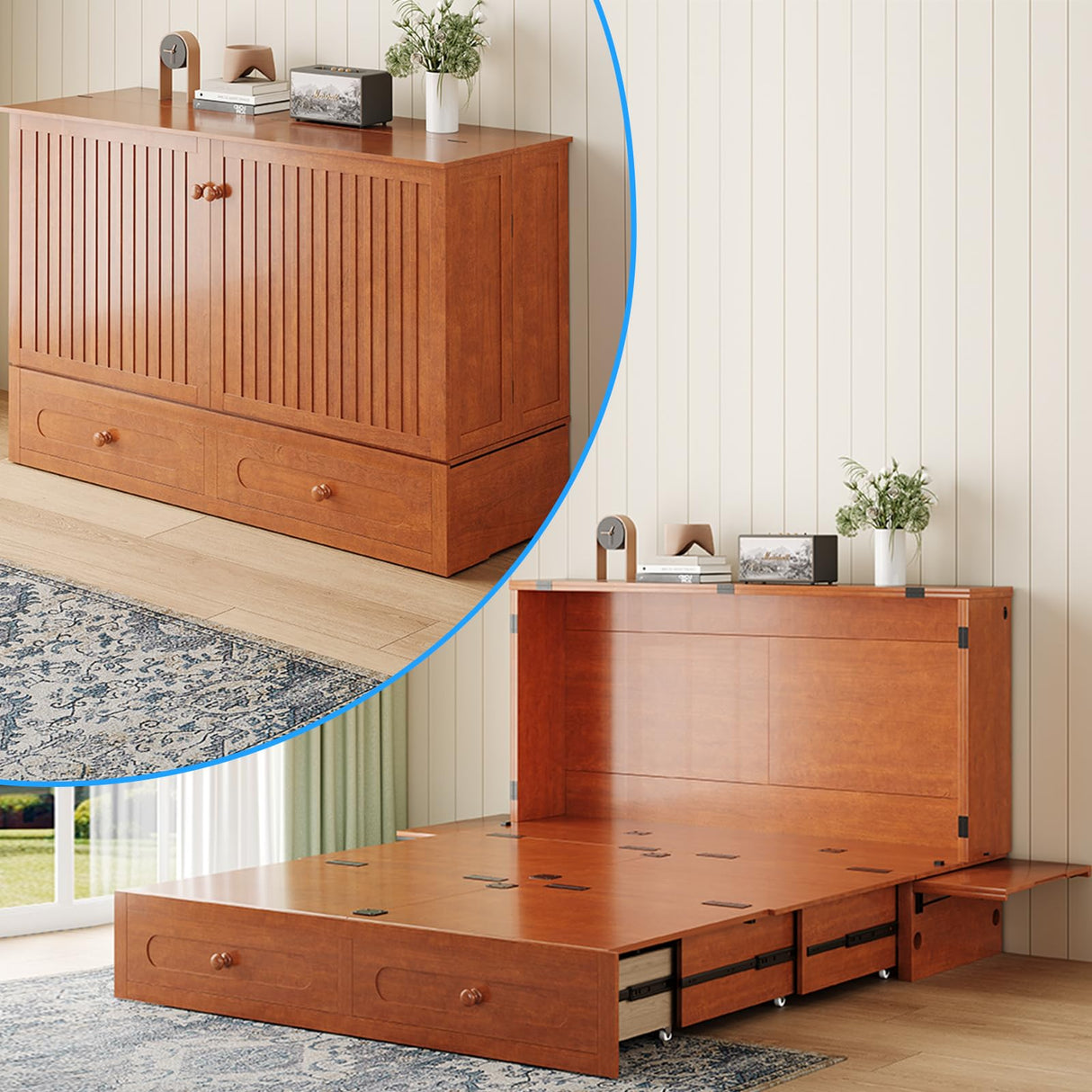 PUREMIND Queen Murphy Bed Cabinet - Solid Wood - Hideaway Chest Bed Frame with Storage Drawers, USB Charging Ports - Space Saving Wallbed for Bedroom, Guest Room, No Mattress Included (Cherry) PUREMIND