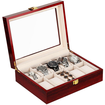 Uten Watch Box, 10 Slots Wooden Watch Case with Removable Watch Pillow, Metal Clasp Watch Display, Watch Box Organizer for Men and Women