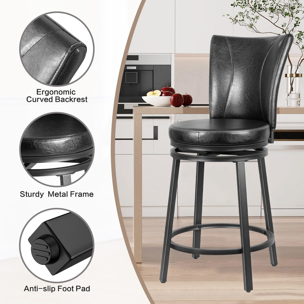 FLYZC Bar Stools Set of 2, Counter Height Swivel Bar Chair with High Backrest, 24" Round Seat Barstools for Kitchen Island, Pub, Metal Base, Upholstered PU Leather Dining Chairs Black FLYZC
