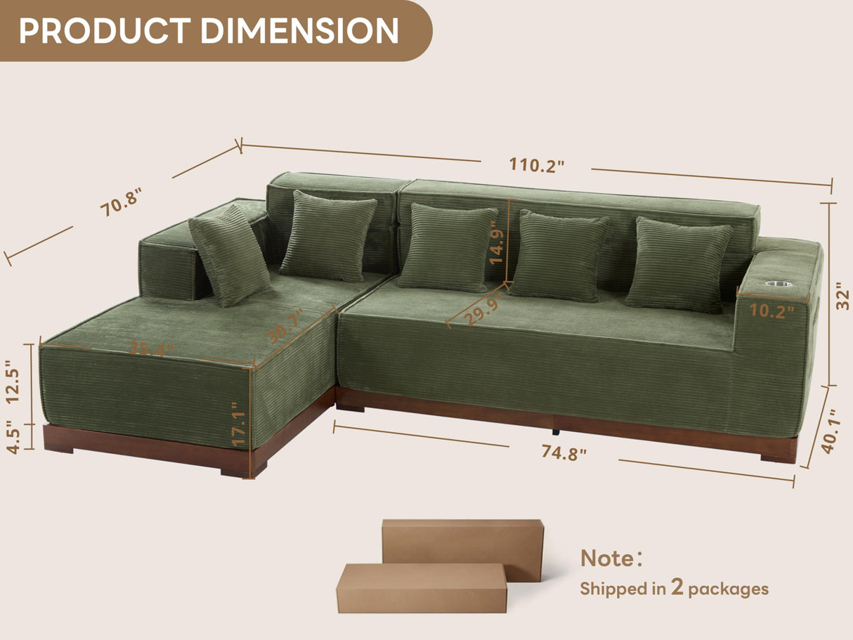 LIKIMIO 110” L-Shaped Sofa with LED Lights, Cloud Boneless Couch with Oversized Chaise, Deep Seat, Built-in Holder & Storage Pocket, Upholstered Couches for Living Room and Apartment, Green LIKIMIO