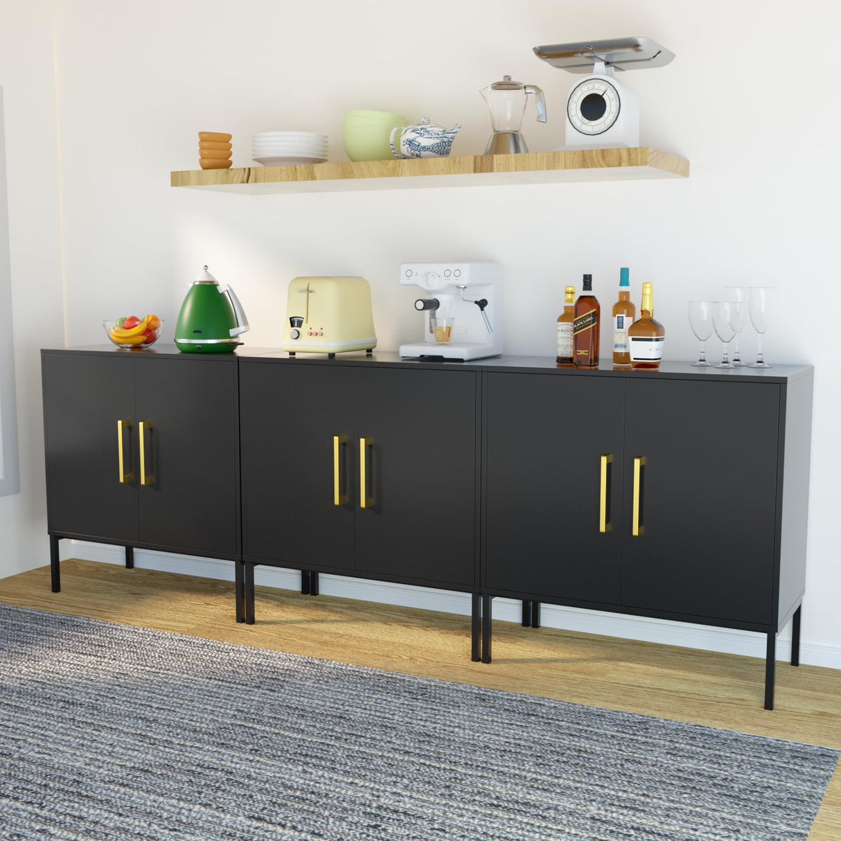 JOZZBY Buffet Cabinet with Storage, Accent Cabinet Modern Wooden Free Standing Sideboard with Adjustable Shelves, Black Side Cabinets for Living Room, Hallway, Set of 3 JOZZBY