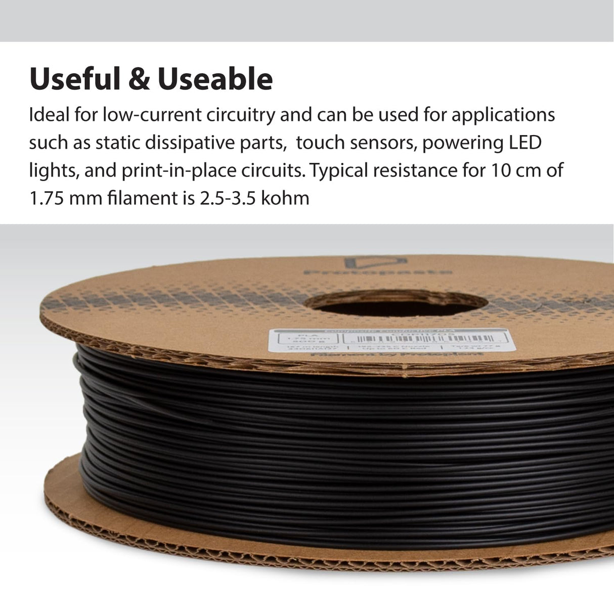 Protopasta Electrically Conductive Composite Black PLA 3D Printer Filament for Electrically Conductive 3D Prints | Easy Printing with Low Warp | 1.75mm Filament | 500g with Recyclable Cardboard Spool Proto-Pasta