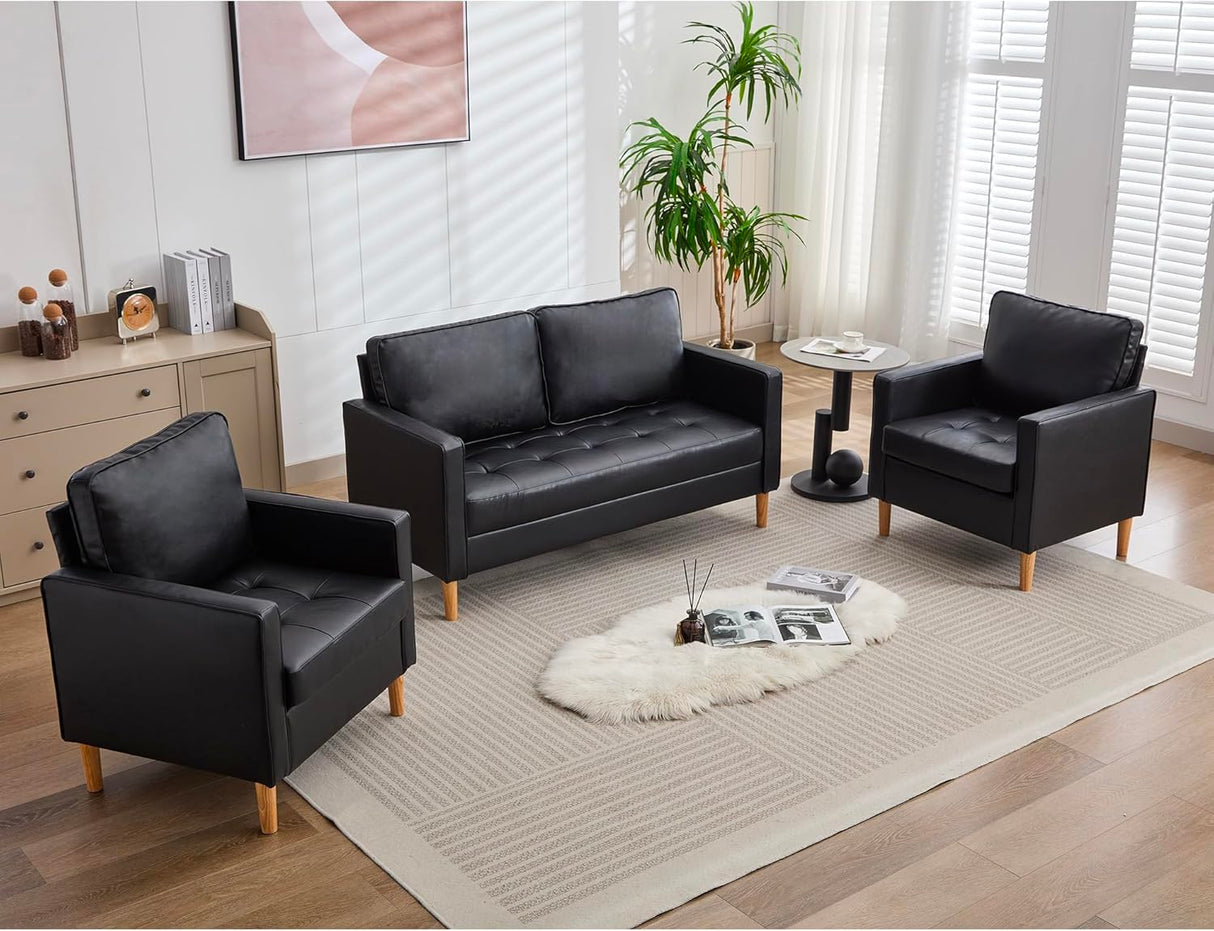 TYBOATLE 57" Small Black Faux Leather Sofa Couches, 3 Piece Living Room Set, Mid-Century Modern Tufted Comfy Loveseat, 2 Seater Office Couch Love Seat for Small Space Bedroom Drom Apartment TYBOATLE