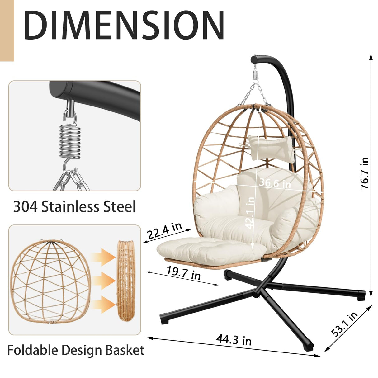 Indoor Outdoor Hanging Egg Chair with Stand & Leg Rest – Heavy-Duty Steel Frame, Handwoven Rattan Swing Chair for Patio, Garden, Bedroom – 350 lbs Capacity, Ergonomic Design (White) Nevsokio