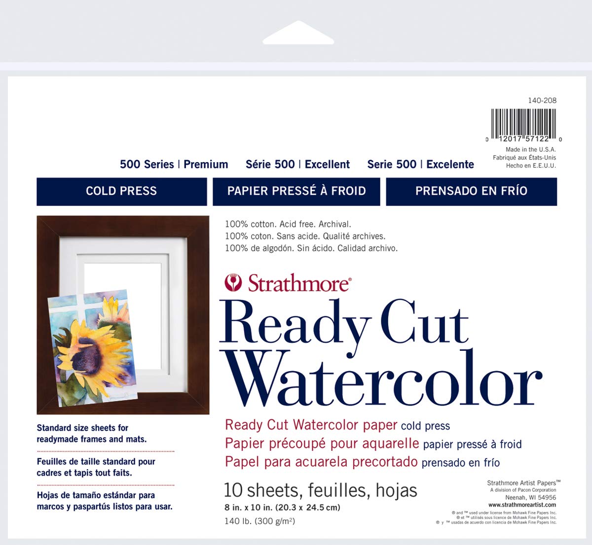 Strathmore 140-208 Ready Cut Watercolor, Cold Press, 8" x 10", White, 10 Sheets Strathmore
