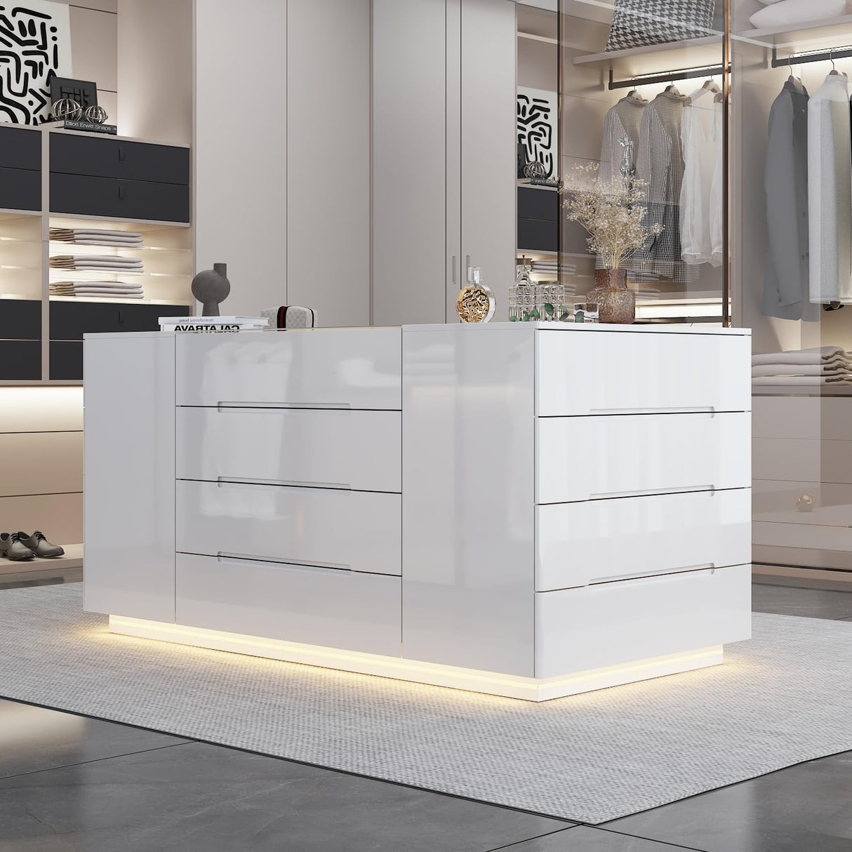 Homsee Armoire Bedroom Island with LED Light, Glass Tabletop & Storage Organizer, Wardrobe Closet Walk-in Island with 16 Drawers for Bedroom Shops, White Homsee