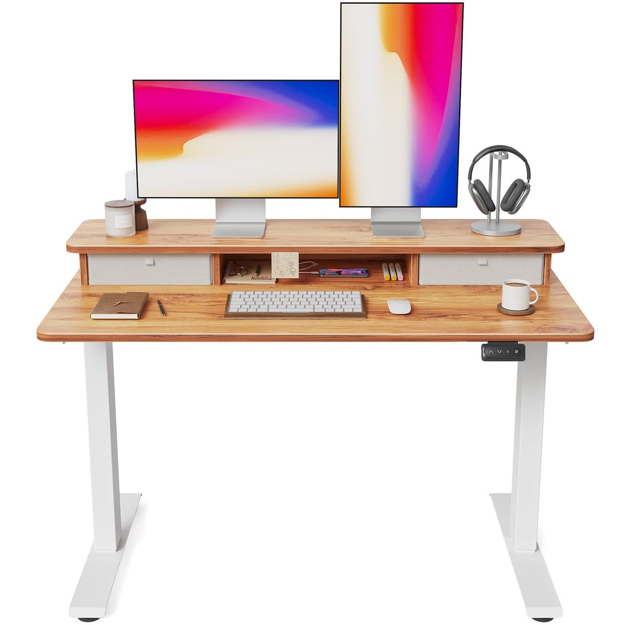 FEZIBO 48 x 24 Inch Height Adjustable Electric Standing Desk with Double Drawer, Stand Up Desk with Storage Shelf, Sit Stand Desk, Light Wood FEZIBO