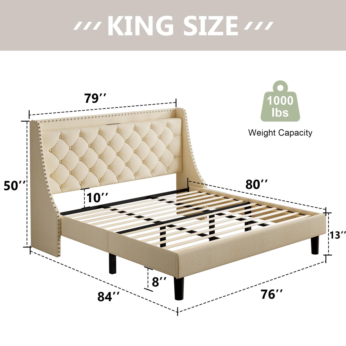 Feonase King Size Bed Frame with Luxury Wingback and Fast Charging Station,King Upholstered Button Tufted Storage Headboard Platform Bed,Sturdy Wooden Slats Support,Noise-Free, Easy Assembly,Beige Feonase