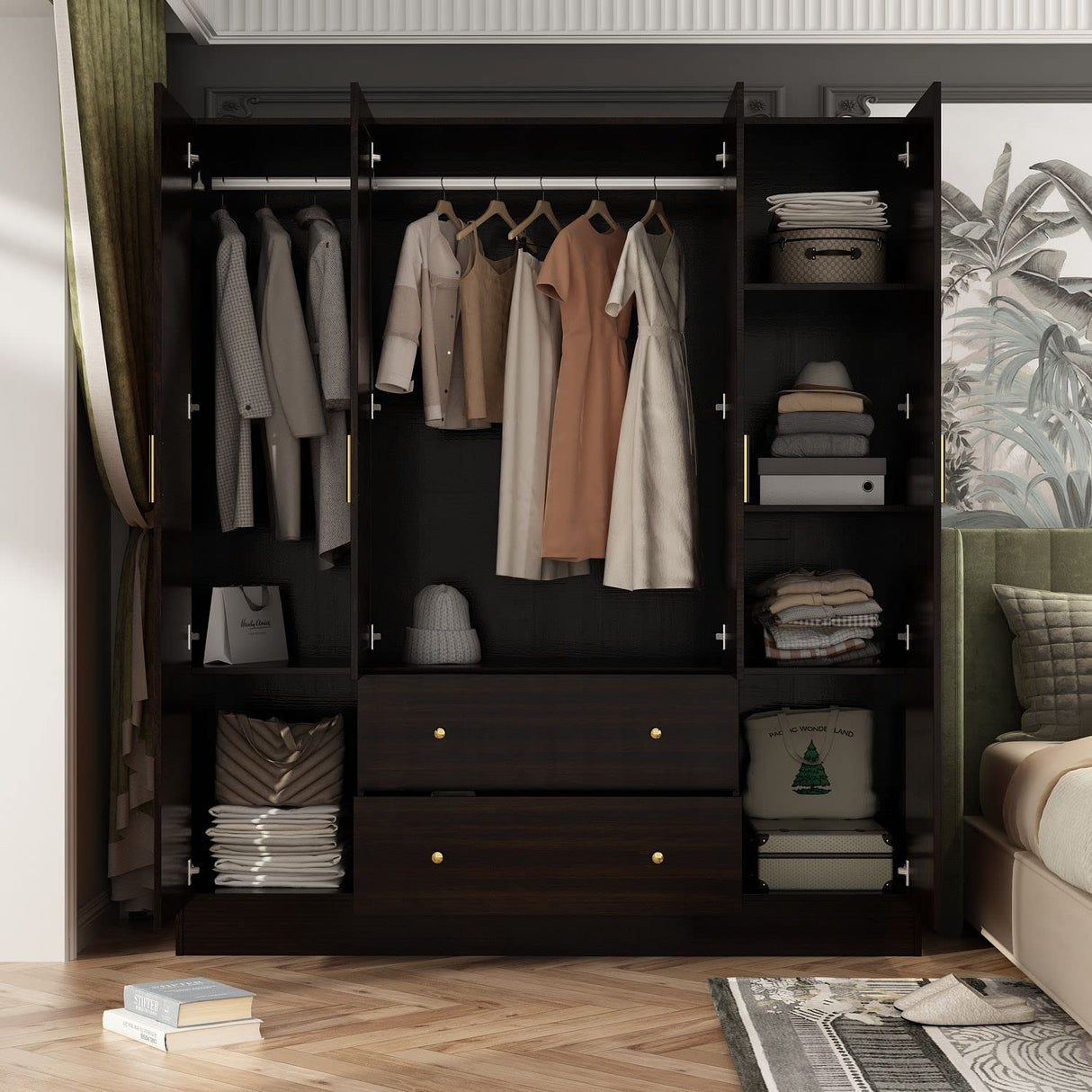 FAMAPY 4-Door Wardrobe Closet with Mirror Armoires and Wardrobes, Drawers and Shelves, Armoire Wardrobe Closet with Hanging Rod, Armoire Closet Espresso (63”W x 19.7”D x 70.9”H) FAMAPY