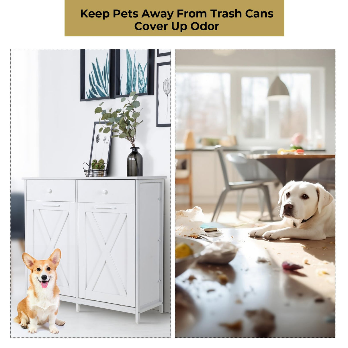 Arlopu Dual Tilt Out Trash Cabinet, 10X2 Gallon Pet Proof Kitchen Pull Out Hidden Garbage Can Cabinet, Freestand Wooden Laundry Sorter Cabinet, W/Drawer, Barn Door, for Home, Living (White) Arlopu