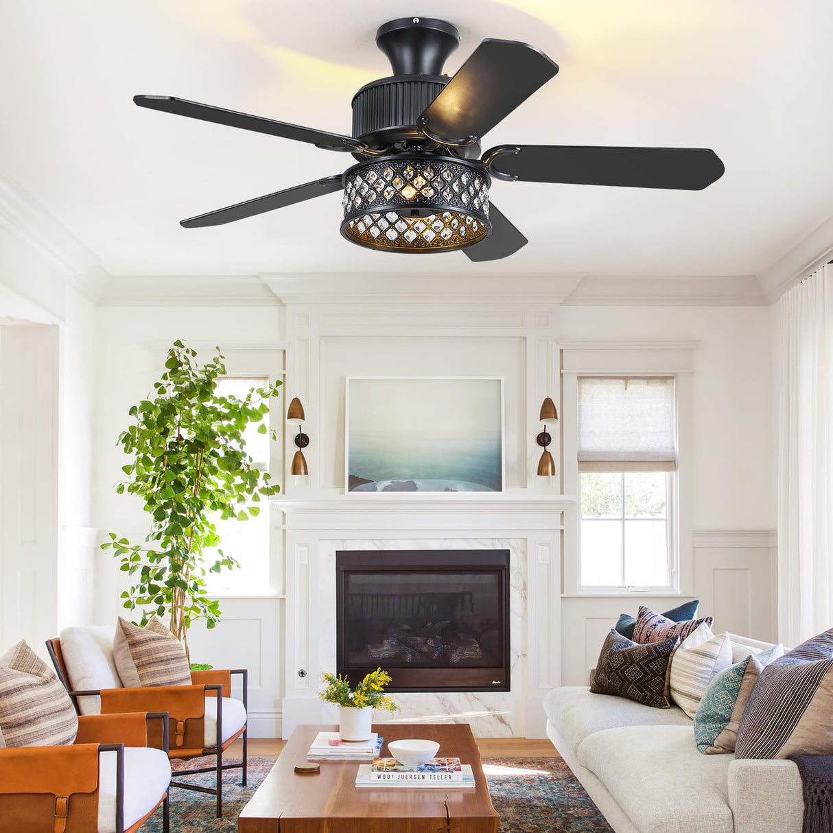 Danilong 42" Ceiling Fans with Lights and Remote, Retro Low Profile Flush Mount Ceiling Fans with Crystal Cage, 6 Speeds Reversible Dual Finish Wooden Blades Fandelier for Kitchen Bedroom Dining Room Dannilong