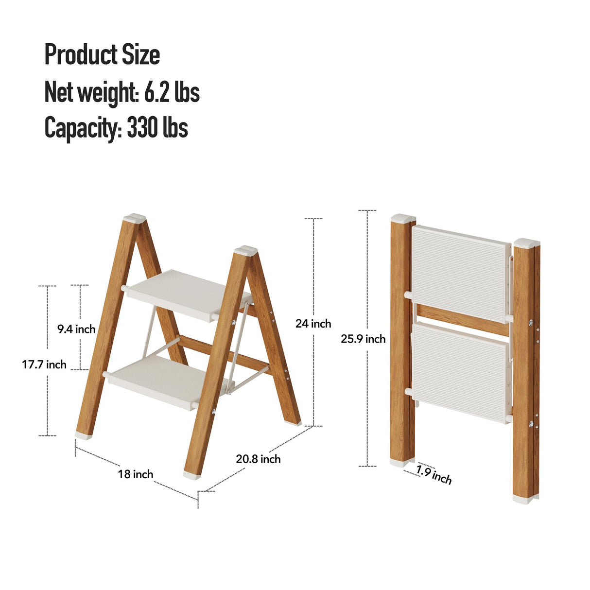 Mayi Plus 2 Step Lightweight Aluminum Folding Ladder, Portable Step Stool with Anti-Slip Pedals, 330 lbs Capacity for Home, Office, Kitchen(White&Woodgrain) mayi plus